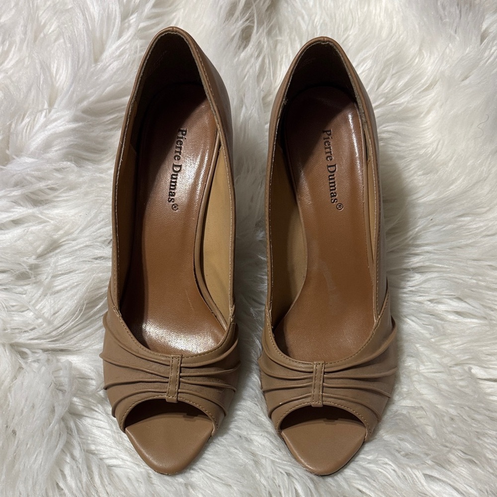 Pierre Dumas Brown Peep-Toe Heels with Gathered Vamp